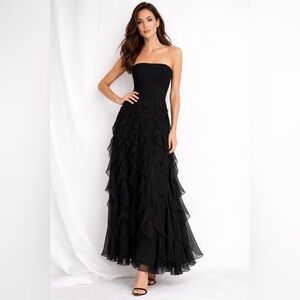 White House Black Market Strapless Cascading Ruffle Evening Gown Black Size 6
